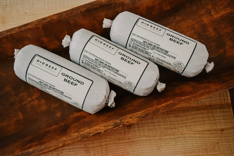 Packaged dry-aged ground beef from D&D Beef in Nebraska