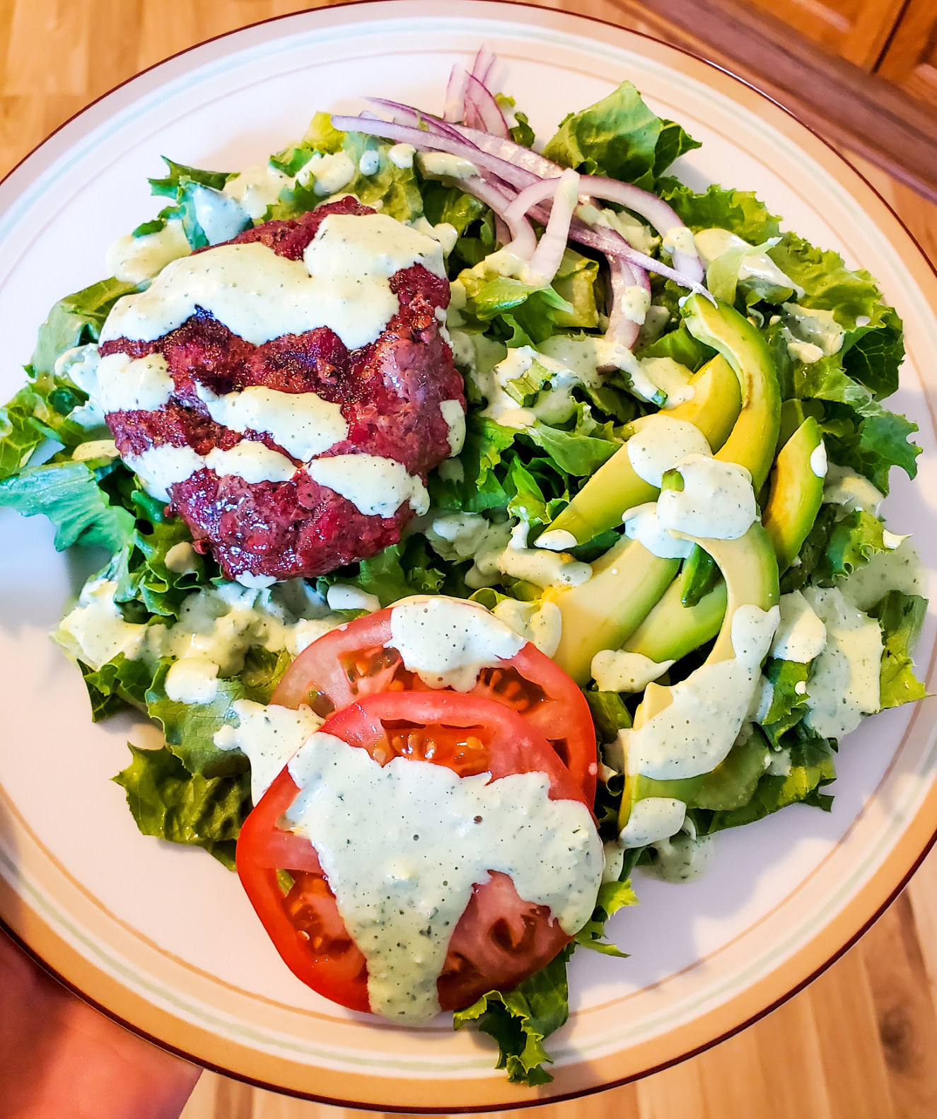 Hamburger Salad with creamy Jalapeno dressing
