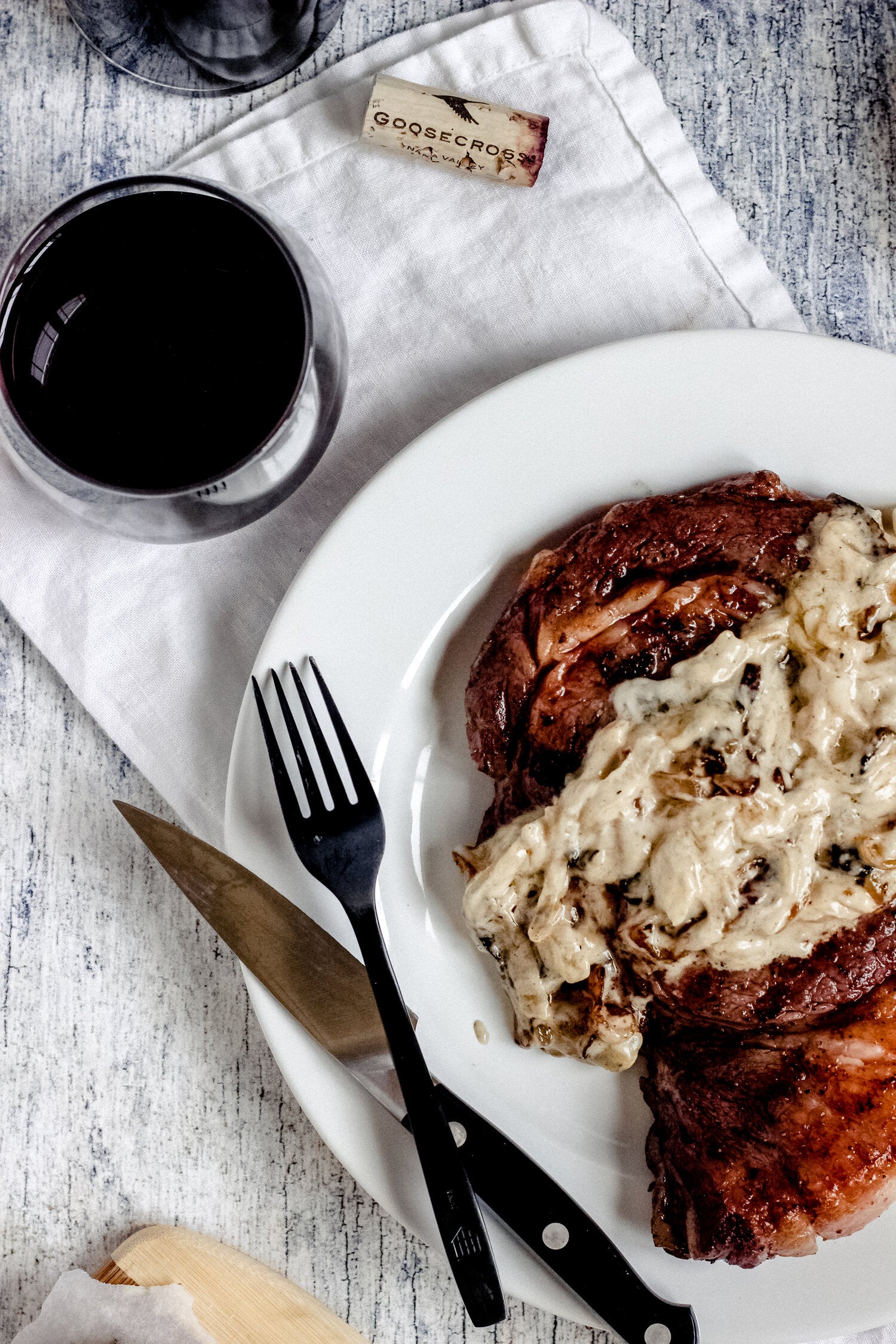 Steak with Creamy Blue Cheese and Onion Sauce