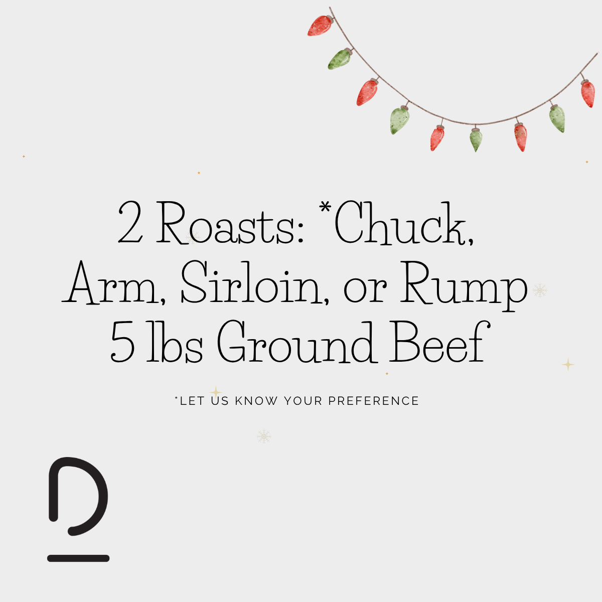 Advertisement for ground beef with text and decorative lights on a white background